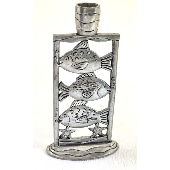 Candle Holder-Pewter-Fish-Taper Candle-7" Tall-One Candle Holder - Picture 1 of 9